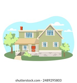 House illustration. Building, roof, window, door, porch. Editable vector graphic design.