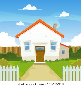 House/ Illustration Of A Cartoon House In Spring Or Summer Season, With Backyard Garden, Fence And Hedges