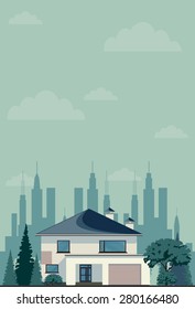House- Illustration of a cartoon house in spring or summer season. Stock Vector illustration.