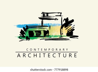 House illustration. Design concept. Architecture project logo. Hand drawn artwork.