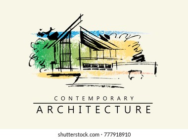 House illustration. Design concept. Architecture project logo. Hand drawn artwork.