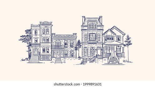 House illustration drawing in old fashioned vintage style with dark blue lines