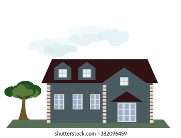 house illustration with figurines and trees, flat design  illustration