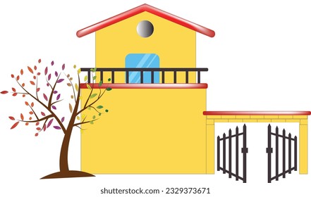 House illustration, front view of double story house, House with tree flat illustration