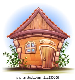 House illustration with grass. House with window and door. On house Welcome text. Vector illustration with house. 