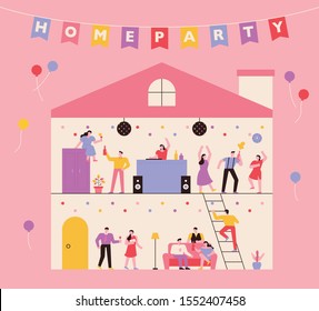 House illustration and inside. People are dancing and enjoying the party. flat design style minimal vector illustration.