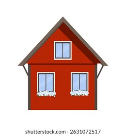 House illustration on isolated background. The wooden red building in Scandinavian style. Wooden house with white Windows and flowers