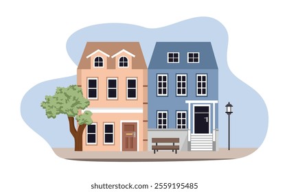 House illustration. Simple house. Real estate. Blue home. Architecture. House in the city. Front door house.