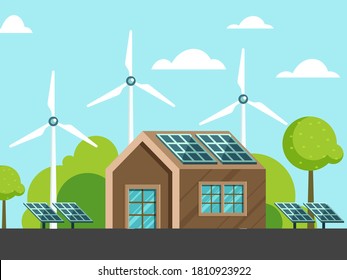 House Illustration with Solar Panel, Windmills and Tree on Sky Blue Background. Can be used as poster design.