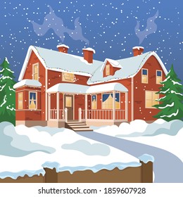 House illustration in winter before christmas