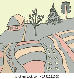 Hausbild-Hintergrund Farben graublaue weiße Malerei Vektorgrafik Cartoon Design Baum Landschaft Grüne Kunst Naturgrafik Karte