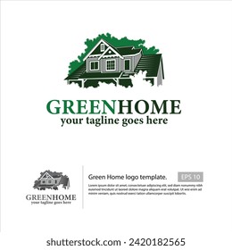House image logo with tree silhouette background.