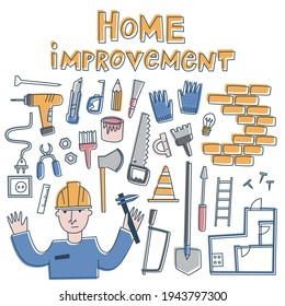 tarjeta vectorial de doodle de mejora de casa, impresión plana escandinava, ilustración colorida
