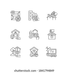 Mejoras de la casa ajuste de iconos lineales. Tuberías de ventilación. Construcción de muros. Termostato. sintonizador de TV y conexión a Internet. Símbolos de contorno de línea delgada personalizables. Ilustraciones de contorno vectorial aisladas