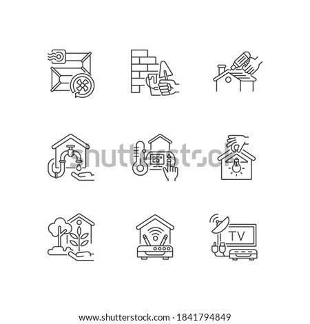 House improvements linear icons set. Ventilation pipes. Wall building. Thermostat. TV tuner and Internet connection. Customizable thin line contour symbols. Isolated vector outline illustrations