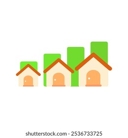 Casa com crescente ícone de gráfico de barras. Imobiliário, propriedade, construção, mercado, valor, investimento, conceitos de crescimento. Ilustração isolada de design de vetor plano.