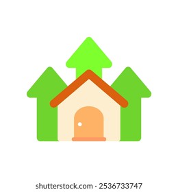 Casa com ícone de seta verde crescente. Imobiliário, propriedade, construção, mercado, valor, investimento, conceitos de crescimento. Ilustração isolada de design de vetor plano.