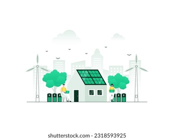 Casa con fuente de alimentación independiente. Energía verde y renovable de paneles solares y turbinas eólicas. Ilustración vectorial de color minimalista.