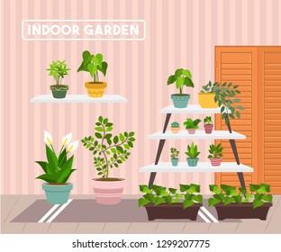 House indoor vector plants and nature homemade flowers in pot interior decoration houseplant natural tree flowerpot illustration. Natural green gardening blossom foliage. - Images vectorielles
