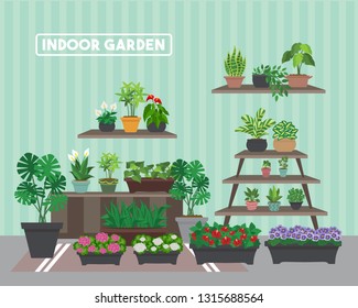 House indoor vector plants and nature homemade flowers in pot interior decoration houseplant natural tree flowerpot illustration. Natural green gardening blossom foliage. - Images vectorielles
