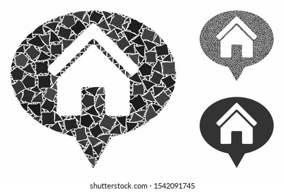 House info balloon composition of rough elements in variable sizes and color hues, based on house info balloon icon. Vector rough elements are grouped into collage.