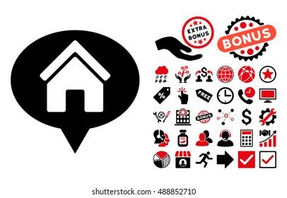 House Info Balloon icon with bonus icon set. Vector illustration style is flat iconic bicolor symbols, intensive red and black colors, white background.