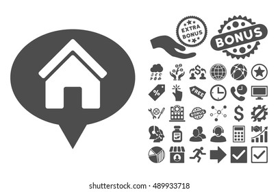 House Info Balloon icon with bonus icon set. Vector illustration style is flat iconic symbols, gray color, white background.