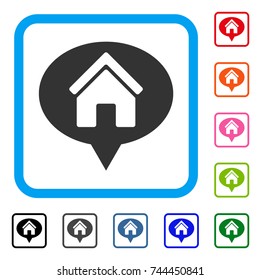 House Info Balloon icon. Flat gray iconic symbol inside a blue rounded rectangle. Black, gray, green, blue, red, orange color variants of House Info Balloon vector.