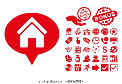House Info Balloon pictograph with bonus pictures. Vector illustration style is flat iconic symbols, red color, white background.