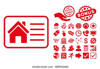 House Info Card icon with bonus design elements. Vector illustration style is flat iconic symbols, red color, white background.