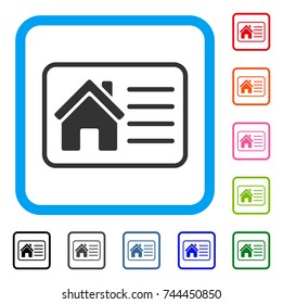 House Info Card icon. Flat grey pictogram symbol inside a blue rounded rectangle. Black, gray, green, blue, red, orange color versions of House Info Card vector.