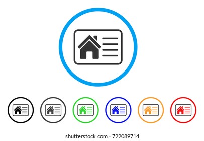 House Info Card rounded icon. Style is a flat house info card gray symbol inside light blue circle with black, gray, green, blue, red, orange color versions.