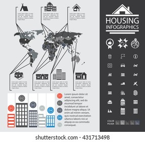 House  Infographics. Data reporting on buildings and homes. City property analyst. Graphs, diagrams and more set of icons. A ready material for the presentation.
