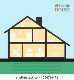 House inside. Detailed modern house interior in cut. Flat style vector illustration eps10. Rooms with furniture and object silhouette.