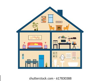 House inside fireplace, bedroom, workplace, eat room, bathroom. illustration flat