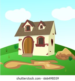 House Inside Green Fields Illustration of a cartoon house on a top of a hill in spring or summer season, inside rounded green landscape