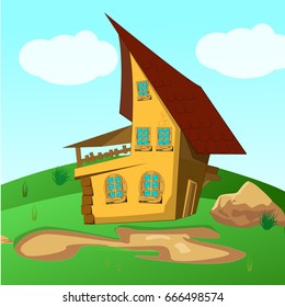 House Inside Green Fields Illustration of a cartoon house on a top of a hill in spring or summer season, inside rounded green landscape