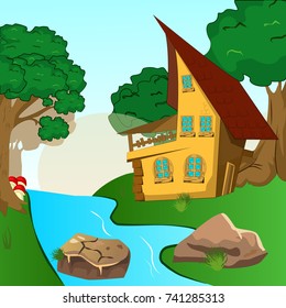 House Inside Green Fields Illustration of a cartoon house on a top of a hill in spring or summer season, inside rounded green landscape