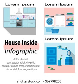 House Inside Infographic, Modern Interior with kitchen, Laundry and hallway. Flat Vector Illustration.