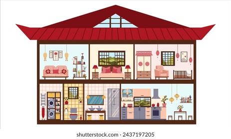 House inside interior in cut. Japanese-style dollhouse. Rooms with furniture: kitchen, bathroom, living room, children's room and laundry, bedroom. Vector flat illustration.