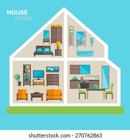 House inside interior design ideas poster for sleeping sitting rooms and kitchen furniture flat abstract vector illustration