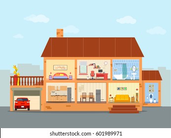 House inside with living room, workplace, bedroom, bathroom, garage. illustration flat