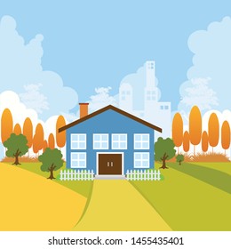 House Inside Nature Landscape With Clouds Illustration of a cartoon country house in spring or summer season, with fields of grass, rounded cloudscape and beautiful shining sky background