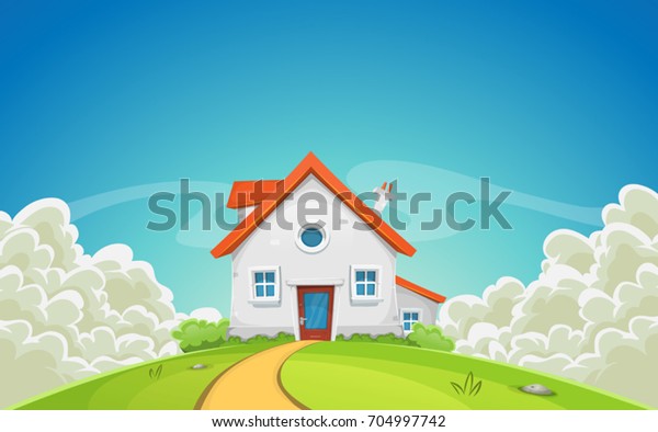 自然の中の家と雲 春や夏の風物詩 草原 丸い雲景 美しい輝く空の背景にアニメの田舎の家のイラスト のベクター画像素材 ロイヤリティフリー