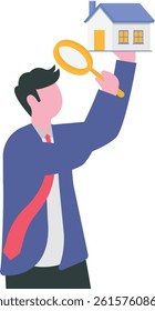 House inspection, home, property and real estate price evaluation, mortgage and loan analysis, search for housing investment concept, curios businessman using magnifying glass to see house details.

