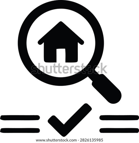 House inspection icon, vector illustration of a magnifying glass over a house symbol with a checkmark, representing property assessment and quality control.