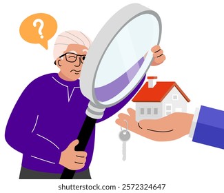 House inspection, elderly curious person using magnifying glass to see house details. Hand agent with home in palm and key on finger. Offer of purchase house, rental of Real Estate.