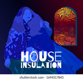Concepto vectorial de aislamiento en casa. Dos niñas ven la puesta de sol desde casa.