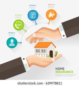 House Insurance Business Service Icons Template. Businessman Hands Protecting The House, Real Estate Insurance, Home Insurance Concept. Can Be Used For Workflow Layout, Banner, Diagram, Infographics.