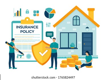 House Insurance concept. House insurance business services. Residential home real estate protection. Safety security shield. Colourful flat style vector illustration with characters and icons.